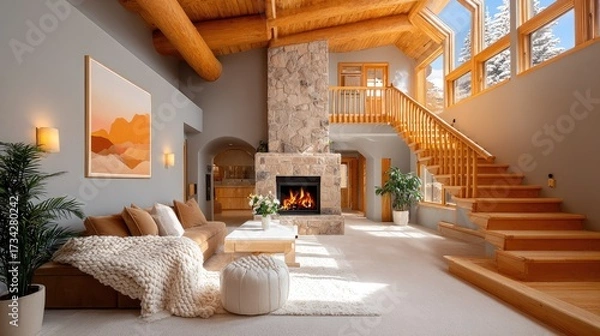 Fototapeta A warm and inviting living space with a chocolate brown sofa, cream knit throws, and a stone fireplace. Morning light highlights the textured materials.