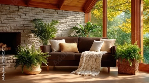 Fototapeta A warm and inviting living space with a chocolate brown sofa, cream knit throws, and a stone fireplace. Morning light highlights the textured materials.