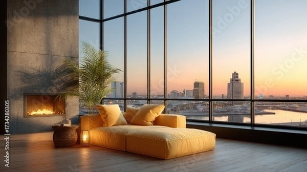 Fototapeta A warm minimalist living space with a camel-colored sectional, a blackened steel fireplace, and soft morning light enhancing the monochrome palette.