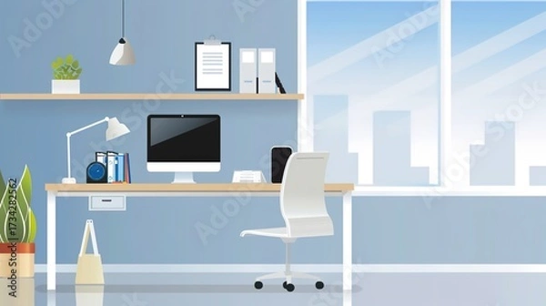 Fototapeta Simple Office Background Design Images, presenting neat desks, floor plants, transparent glass windows, minimalist meeting areas and other elements with a simple visual style. Covering fresh tones 
