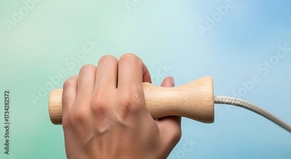 Fototapeta Hand Holding Wooden Handle with Rope on Colorful Background