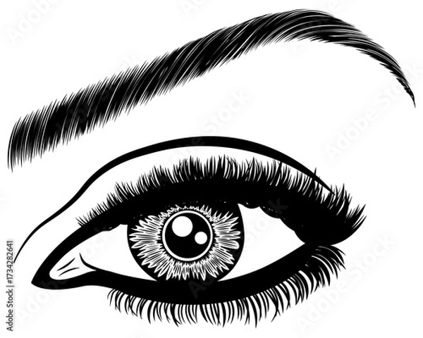 Fototapeta Illustration with woman's eye, eyelashes and eyebrow. Makeup Look. Tattoo design. Logo for brow bar or lash salon.