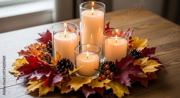 Fototapeta Autumn Fall Candle Arrangement with Leaf and Pinecone Decor on Wooden Table
