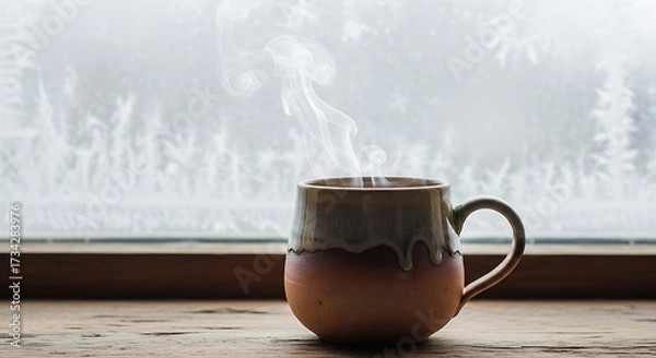 Fototapeta Warm Brown Ceramic Mug with Steam Rising in Front of Snowy Window Scene