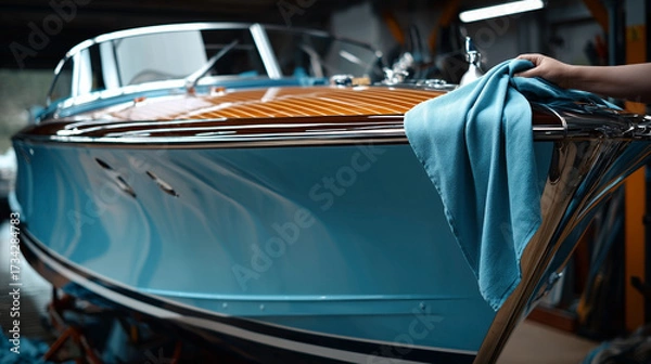 Fototapeta A blue boat with a towel wrapped around the handle