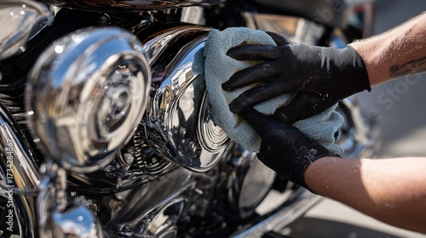 Fototapeta A man is polishing a motorcycle engine with a cloth