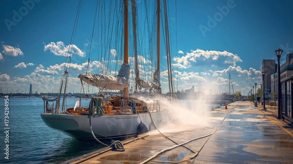 Fototapeta A large sailboat is docked at a pier