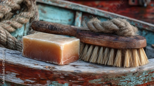 Fototapeta A wooden brush and a bar of soap are on a wooden surface