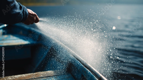 Fototapeta A person is spraying water from a hose into a boat