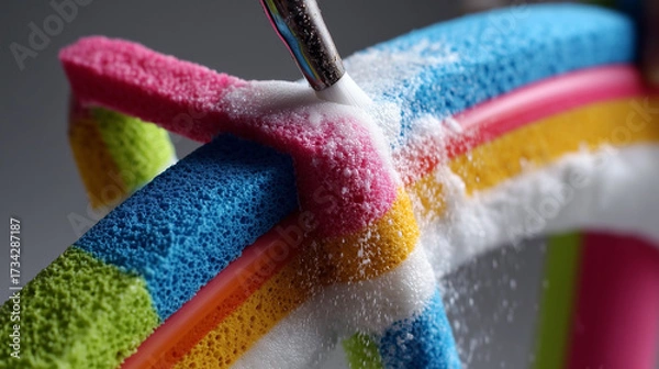 Fototapeta A colorful object with a white stripe is being painted with a brush