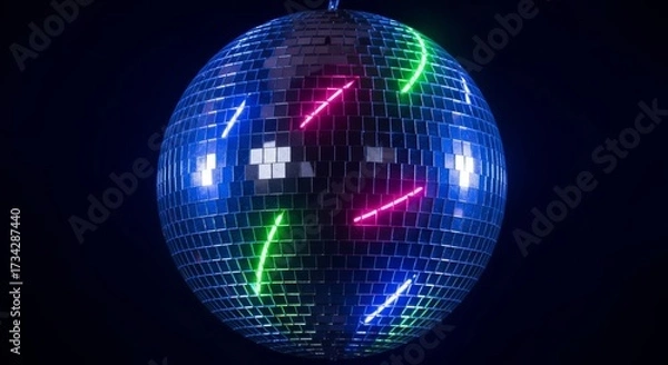 Obraz Retro roller disco ball with vibrant neon reflections creating a lively atmosphere for evening events and dance parties