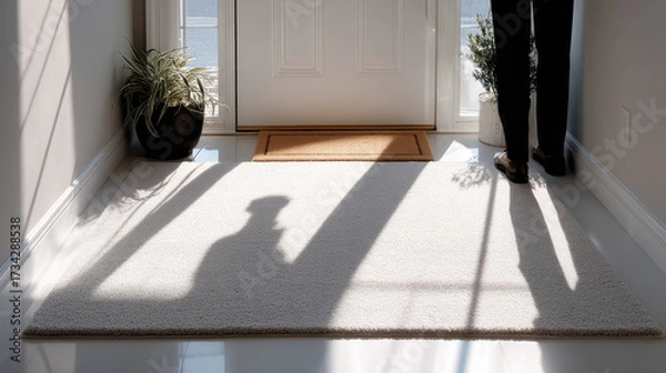 Fototapeta Sunlit entryway with shadow of a person standing beside a houseplant and door mat on a bright floor