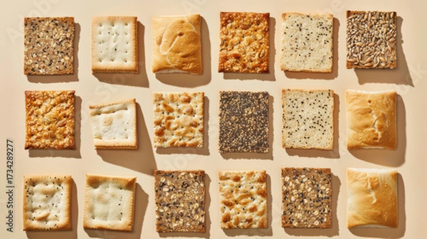 Fototapeta Varieties of flatbread and whole grain toast arranged as background