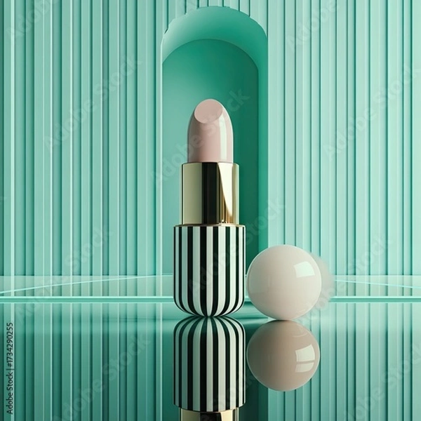 Fototapeta Pink lipstick atop mirrored surface, arched aqua backdrop