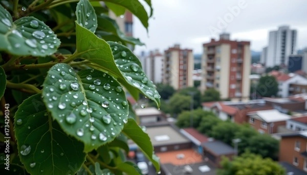 Fototapeta a vibrant raindrop view of an urban landscape from a balcony overlooking a street