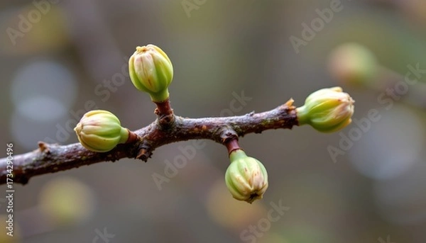 Fototapeta two distinct stages of spring: early bloom and full blossom. on the left side, we see a branch with small buds, indicating the beginning of flowering