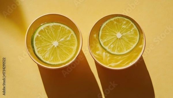 Fototapeta Two halves of lime in bowls, bright yellow backdrop