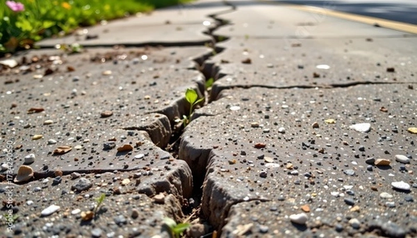 Fototapeta a cracked sidewalk with visible cracks leading away from the camera's perspective