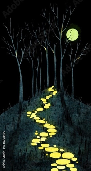 Fototapeta Glowing path through dark woods under a full yellow moon