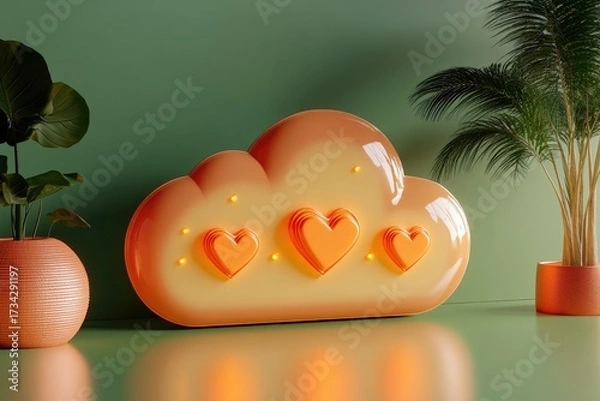 Fototapeta Cloud shape with hearts, illuminated, beside plants