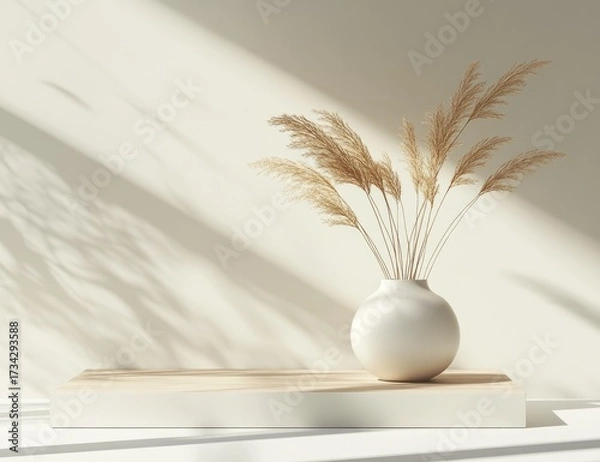 Fototapeta Pampas grass in vase on platform, sun-drenched wall behind