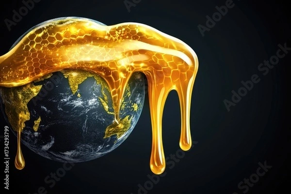 Fototapeta Earth globe dripping with golden honey. Dark background