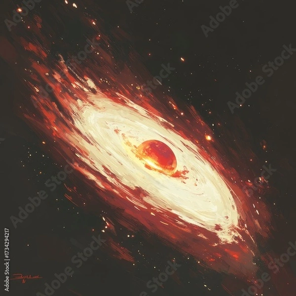Fototapeta Swirling galaxy with bright core, fiery cosmic art
