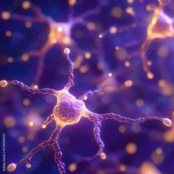 Fototapeta Neuron network, glowing purple/gold connections and nodes