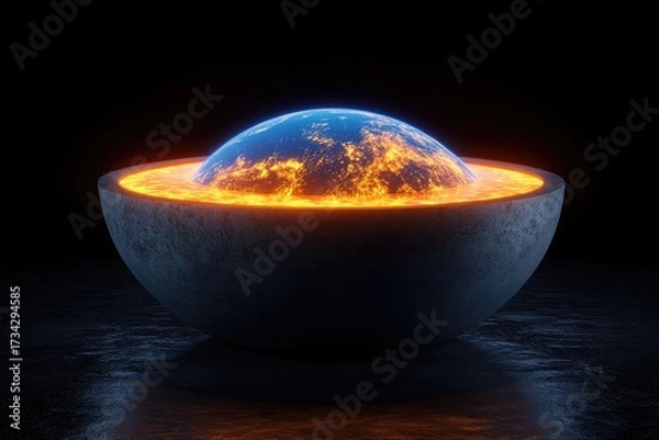 Fototapeta Glowing sphere in concrete bowl, dark background