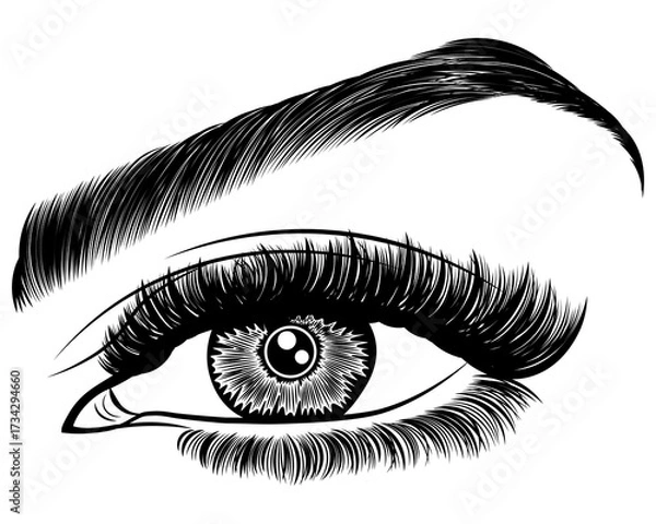 Fototapeta Illustration with woman's eye, eyelashes and eyebrow. Makeup Look. Tattoo design. Logo for brow bar or lash salon.