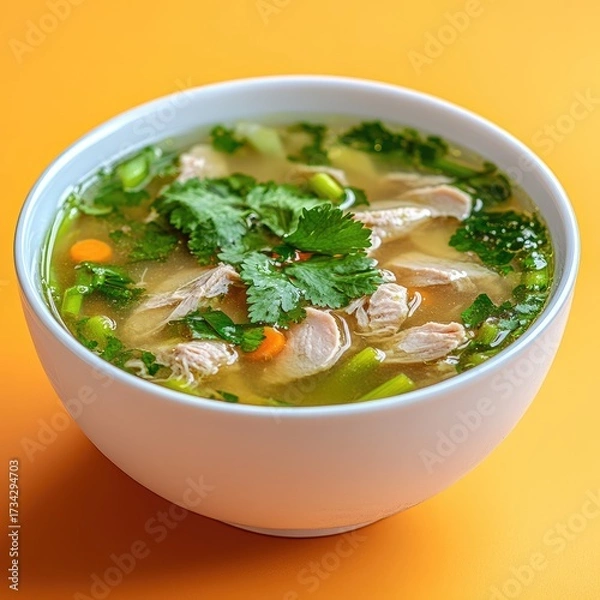 Fototapeta Bowl of clear chicken soup with greens and carrots