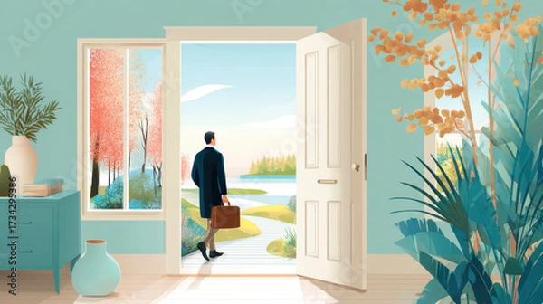 Fototapeta Businessman stepping out of a stylish home, carrying a briefcase, with a serene outdoor view of nature and trees