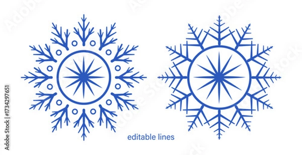 Fototapeta Winter snowflake vector design collection isolated on white background. Winter holidays concept blue color snowflakes icon set to use for merry christmas cards, winter decoration, holiday greetings. 