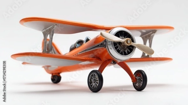 Fototapeta Vintage orange biplane model with detailed propeller and landing gear on white background, perfect for aviation and transportation themes