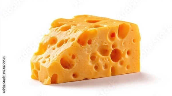 Fototapeta Golden Swiss cheese wedge with characteristic holes and smooth texture on white background, perfect for culinary and food photography projects