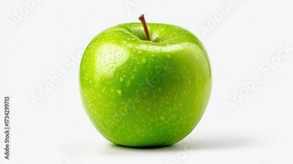 Fototapeta Fresh green apple with water droplets on pristine white background, crisp organic fruit perfect for healthy snacking and nutrition