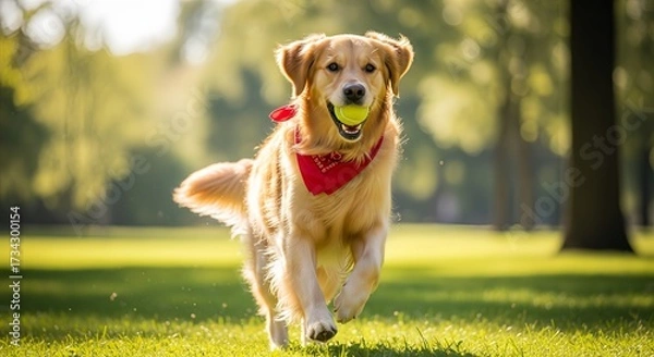 Obraz Golden retriever dog running on green grass in the park with a tennis ball in its mouth