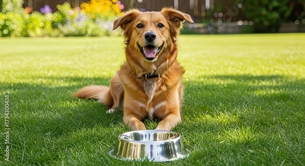 Obraz Happy golden retriever dog lying on green grass in the backyard with a shiny metal food bowl in front. The pet looks cheerful and healthy,