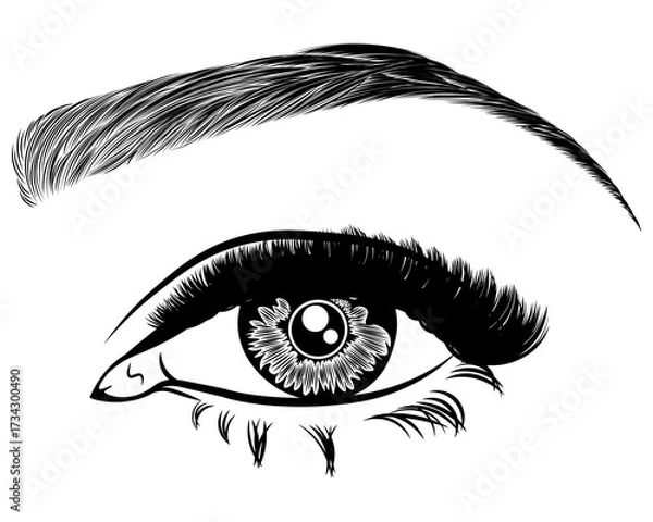 Fototapeta Illustration with woman's eye, eyelashes and eyebrow. Makeup Look. Tattoo design. Logo for brow bar or lash salon.
