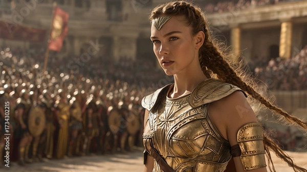 Fototapeta 黄金の甲冑を纏う女戦士、闘技場の誇り