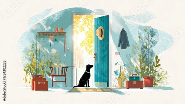 Fototapeta Illustration of a black dog sitting at an open door, surrounded by plants, a chair, and various bags in a welcoming home setting
