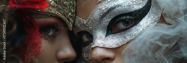 Fototapeta Masquerade beauty with shiny mask and red lips in dramatic festive setting