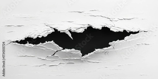 Fototapeta Abstract closeup of peeling white paint with deep black gap in center