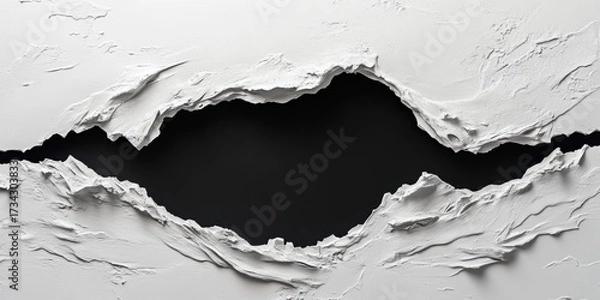 Fototapeta Large torn hole in cracked white textured surface with dark empty background