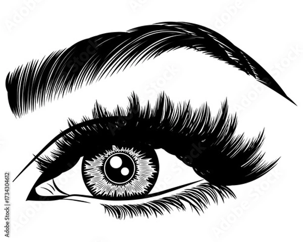Fototapeta Illustration with woman's eye, eyelashes and eyebrow. Makeup Look. Tattoo design. Logo for brow bar or lash salon.