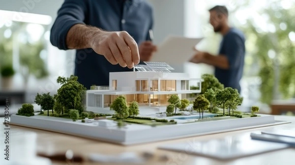 Fototapeta Modern architecture model with solar energy and wind power concept