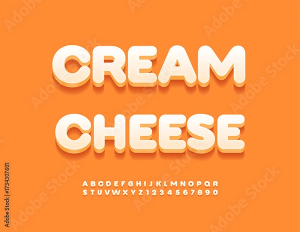 Fototapeta Vector Tasty badge Cream Cheese. White Round 3D Font. Creative Uppercase Alphabet Letters and Numbers set.