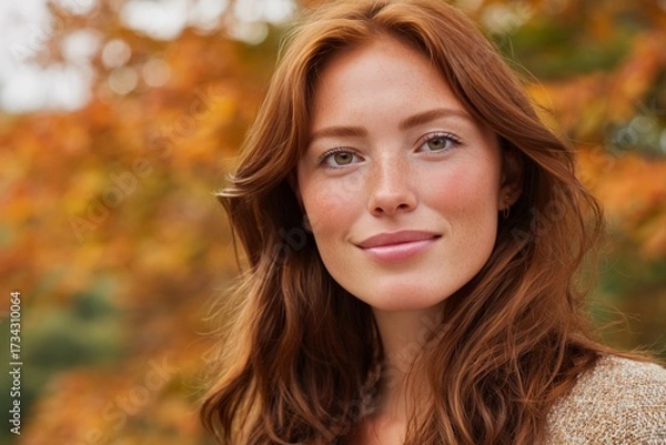 Fototapeta A woman with long brown hair and blue eyes smiles at the camera