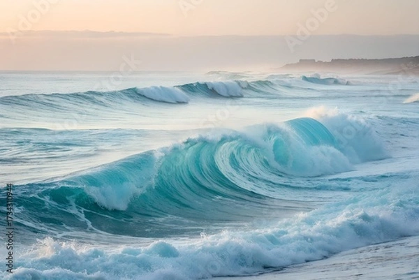 Fototapeta The image displays a scene of ocean waves crashing near the coast under a pastel-colored