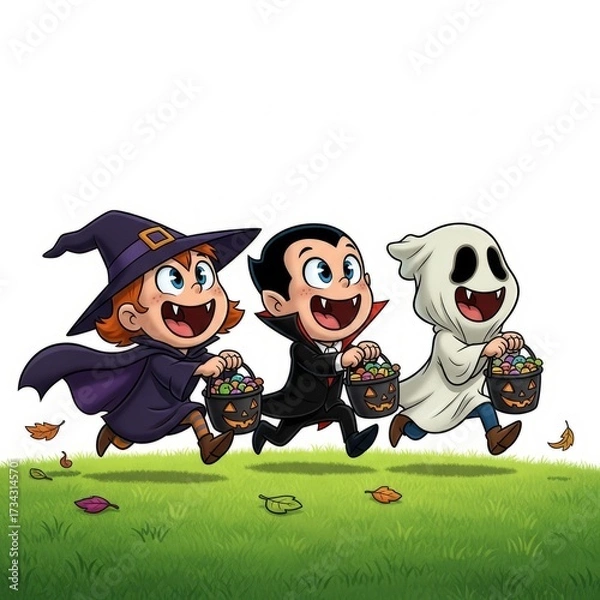 Fototapeta 2D cartoon children in witch, ghost, and vampire costumes running on the grass at a Halloween party